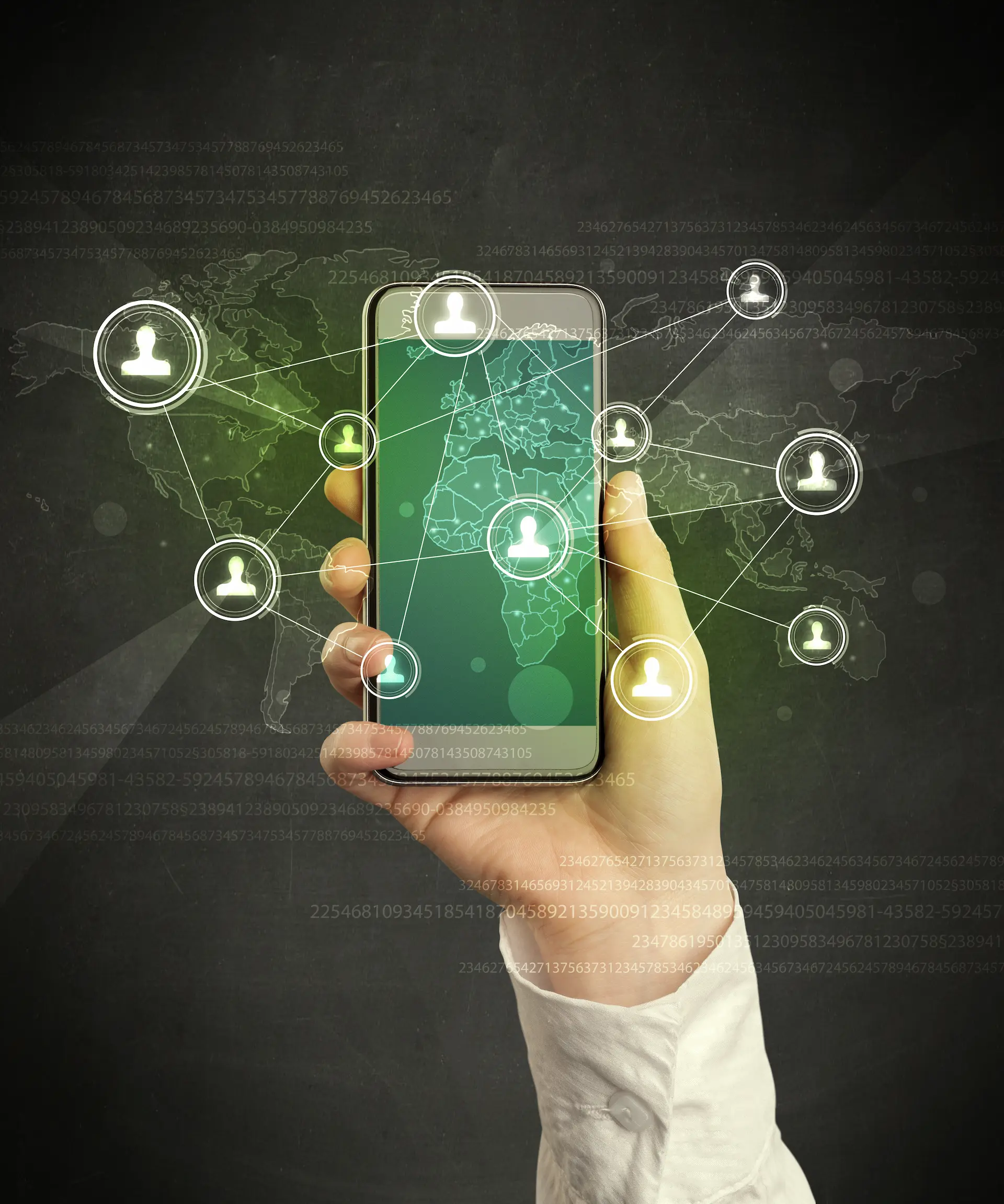 Hand holding smartphone with global network icons.